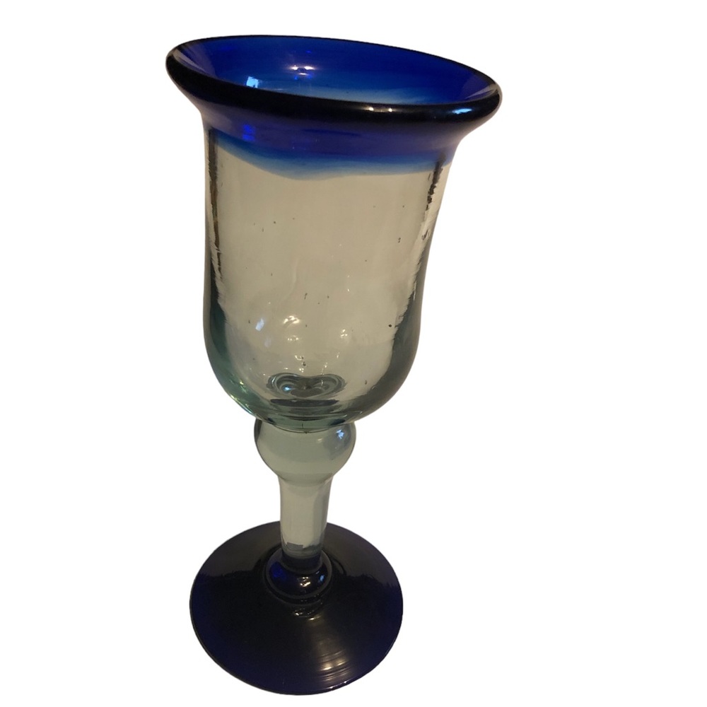 Hand Blown Heavy Goblet Wine Glasses Mexican 9” Blue